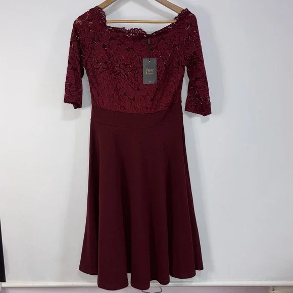 Missmay Burgundy Lace Fit Flare Cocktail Dress Stretch 3/4 Sleeve Sz L Midi - Picture 2 of 10